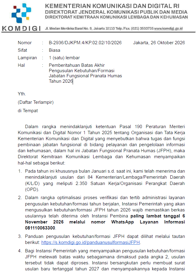 Pemberitahuan Batas Akhir Pengusulan Kebutuhan/Formasi Jabatan Fungsional Pranata Humas Tahun 2026